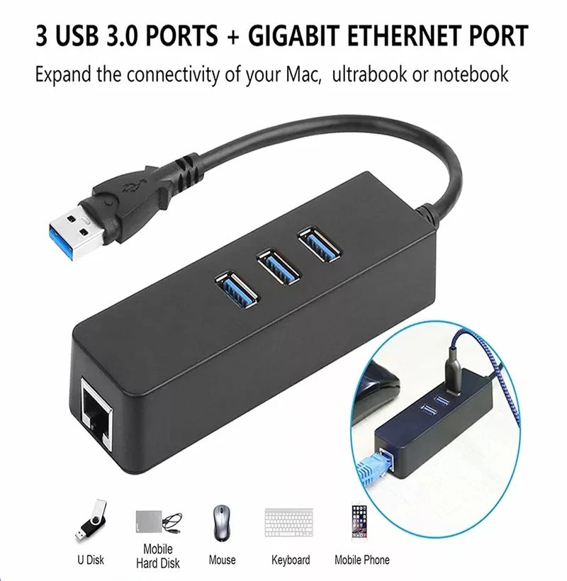 High-Speed 3 USB 3.0 Hub Type C USB to RJ45 Lan Gigabit Ethernet Adapter for Computer for Macbook Laptop