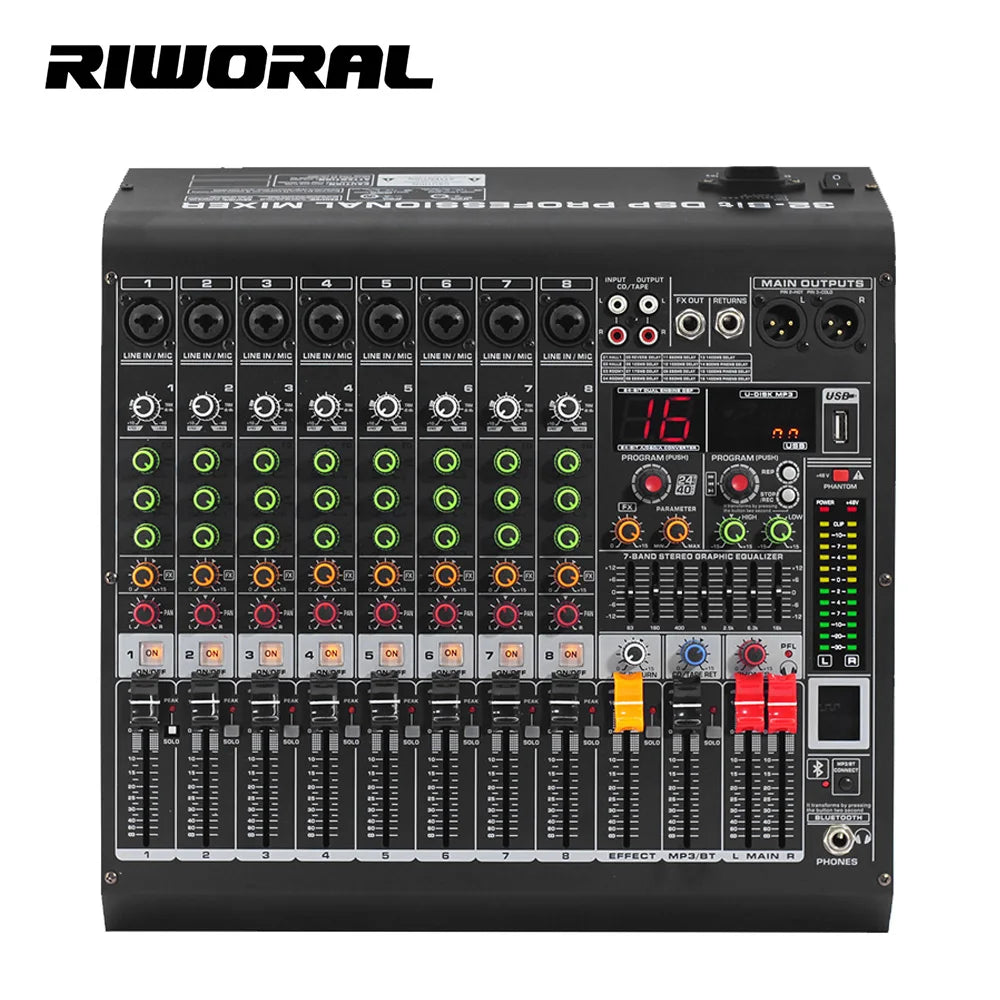 MC8 Professional 8 Channel Digital Sound Mixer Audio DJ Console with USB Interface for Stage Performance
