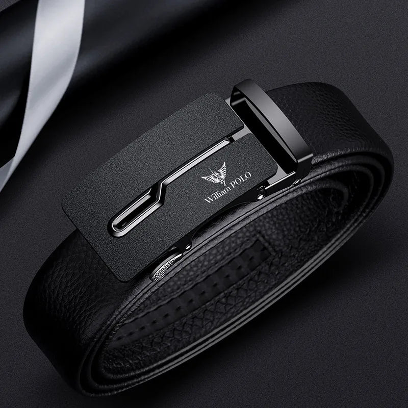 WilliamPolo Men's Designer Trendy Leather Belt with Automatic Alloy Buckle Customizable Cow Hide Strap from Top Supplier
