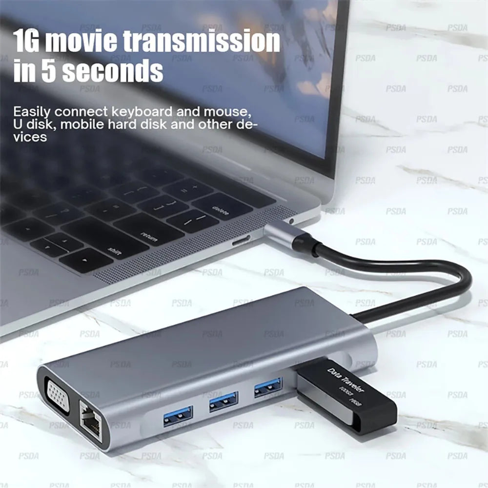 11 in 1 USB C HUB Type C Adapter to 4K  VGA RJ45 Lan Ethernet SD/TF Micro Card Hub 3.5MM AUX 11 Port Dock Station PC