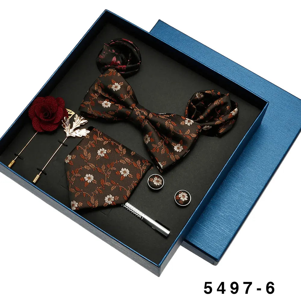Men's Tie Set Gift Box Bow Tie Pocket Square Brooches Sets Custom Cufflinks  Clip Pin 8pcs Suit Silk Polyester Necktie for Men
