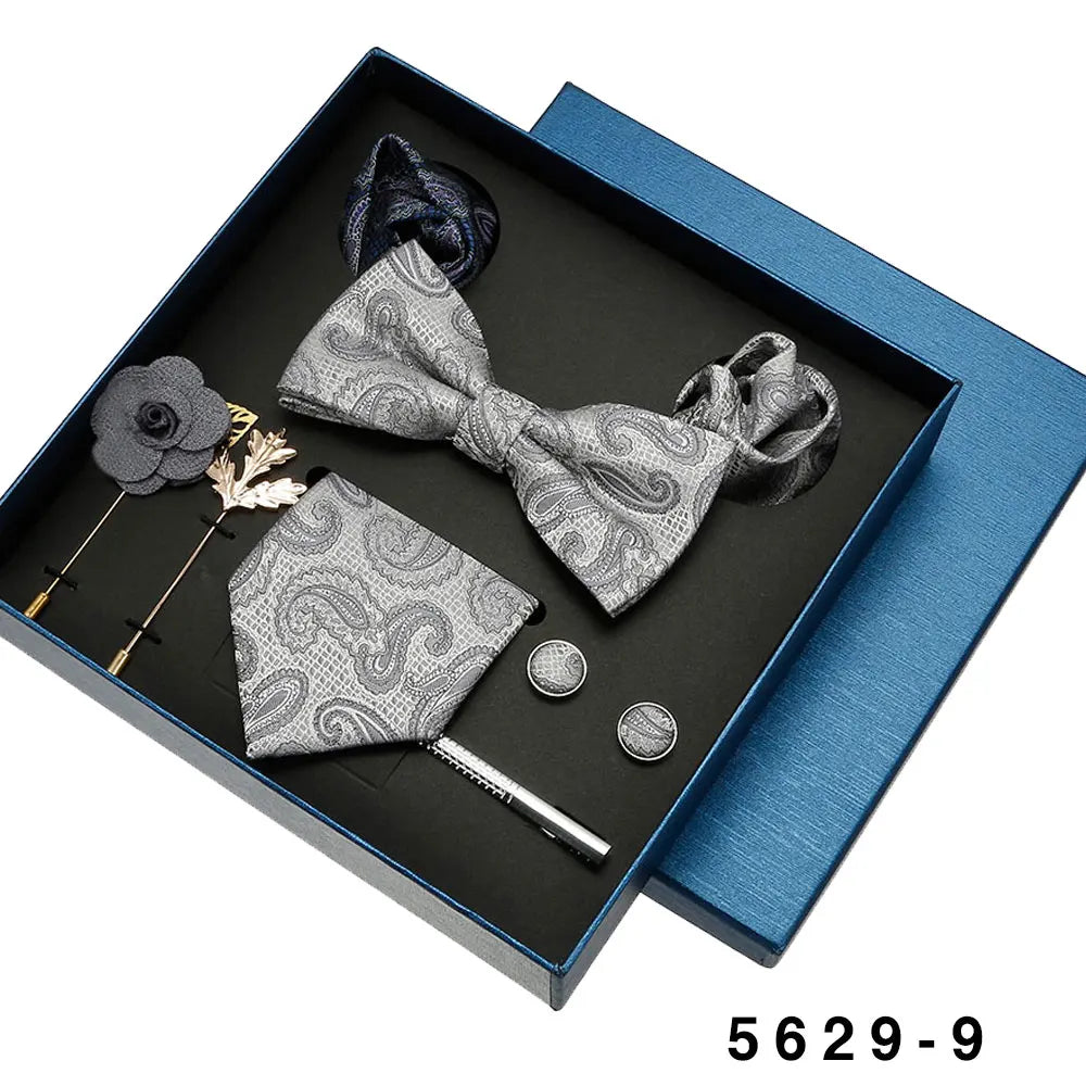 Men's Tie Set Gift Box Bow Tie Pocket Square Brooches Sets Custom Cufflinks  Clip Pin 8pcs Suit Silk Polyester Necktie for Men