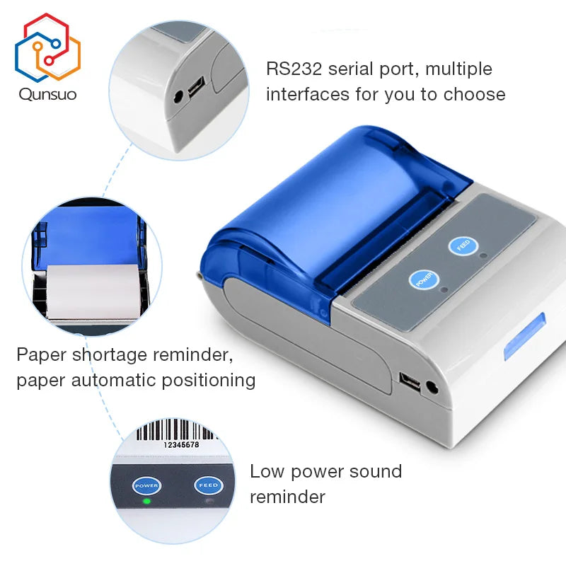 QS-5803 RS232 USB & Bluetooth 4.0 Wireless Mini Portable 58mm Thermal Printer Receipt Label Printer Stock Available