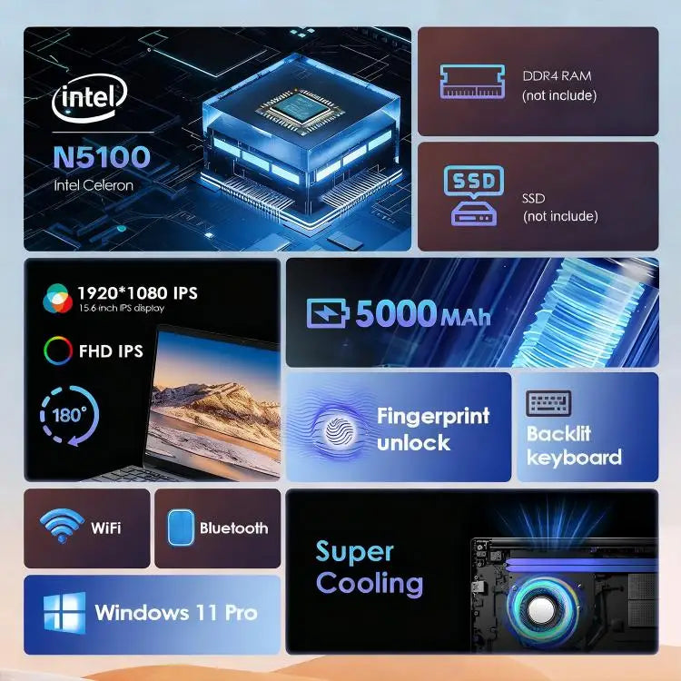 GXMO T152J 15.6 Inch Laptop Wins 11 Pro Intel Celeron N5100 Quad Core No RAM No SSD Barebone Supports Fingerprint Unlock