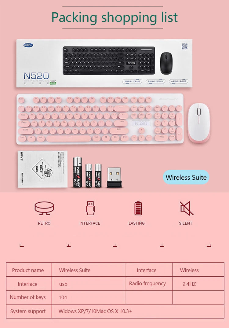 High Sensitivity N520 Wireless Keyboard 10m Transmission Distance USB Plastic Chocolate Vintage Key Hat Fashion Keyboard New
