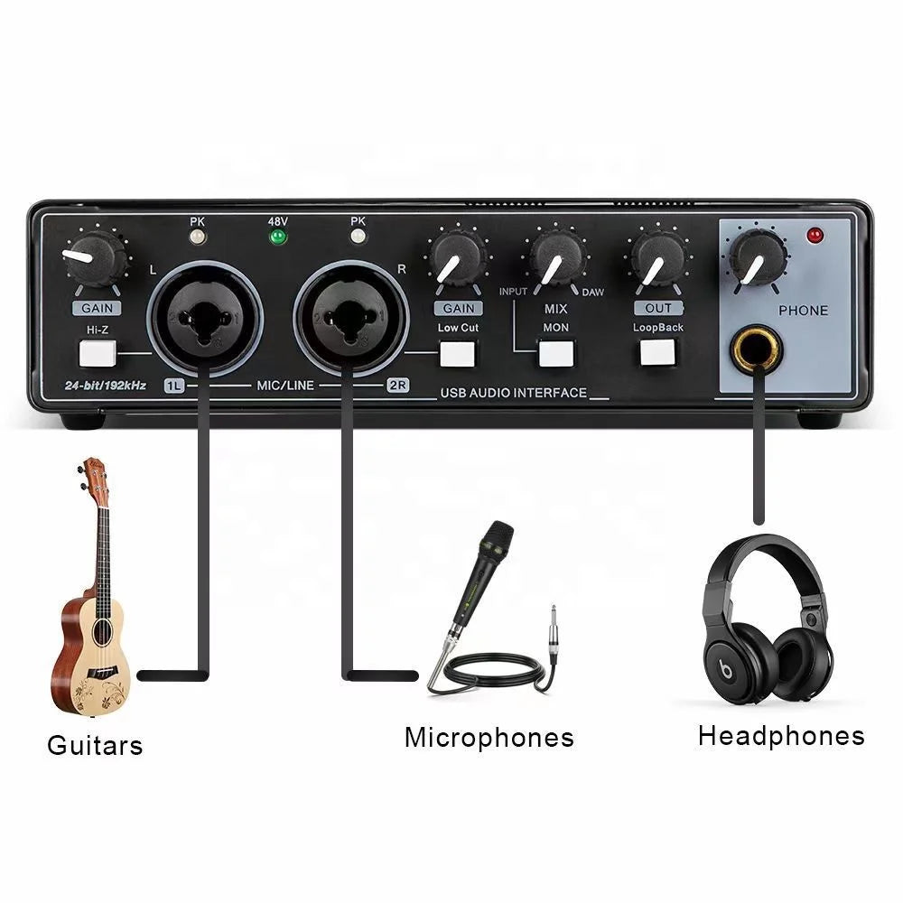 48V Phantom Power Studio Recording Audio Interface Microphone Sound Card Mixing Console for Electric Guitar Electric Sound Mixer