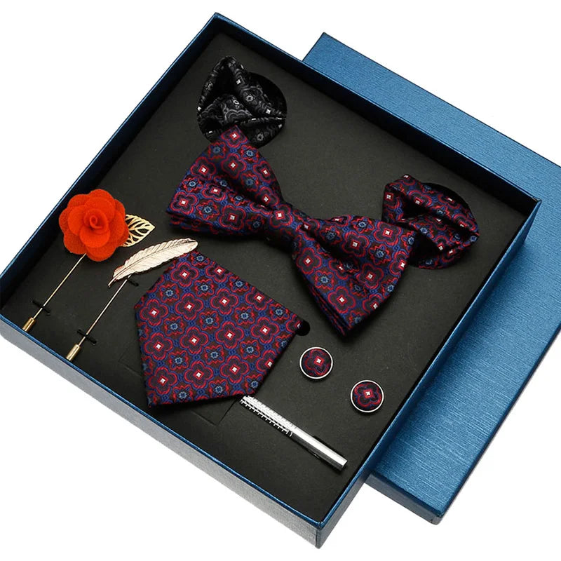 Men's Tie Set Gift Box Bow Tie Pocket Square Brooches Sets Custom Cufflinks  Clip Pin 8pcs Suit Silk Polyester Necktie for Men