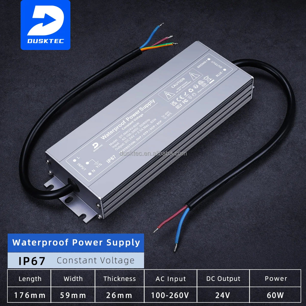 DUSKTEC 24V 12v Rainproof 120w 1 Amp Variable AC-DC Thin Video Under Cabinet Led Waterproof Switching Power Supply