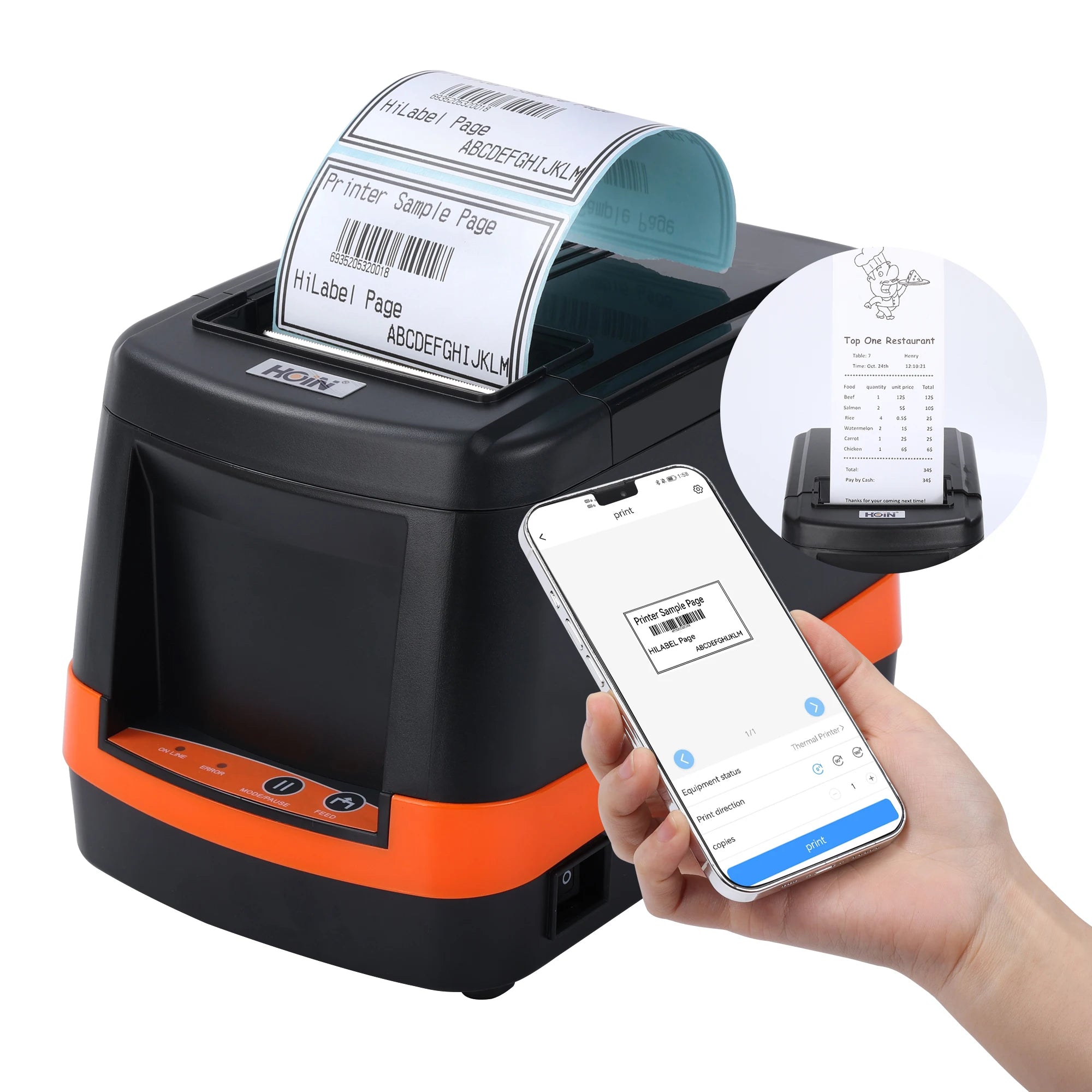 Hoin New 2-in-1 HL-80B Thermal Label Printer Receipt Printer with USB+BT