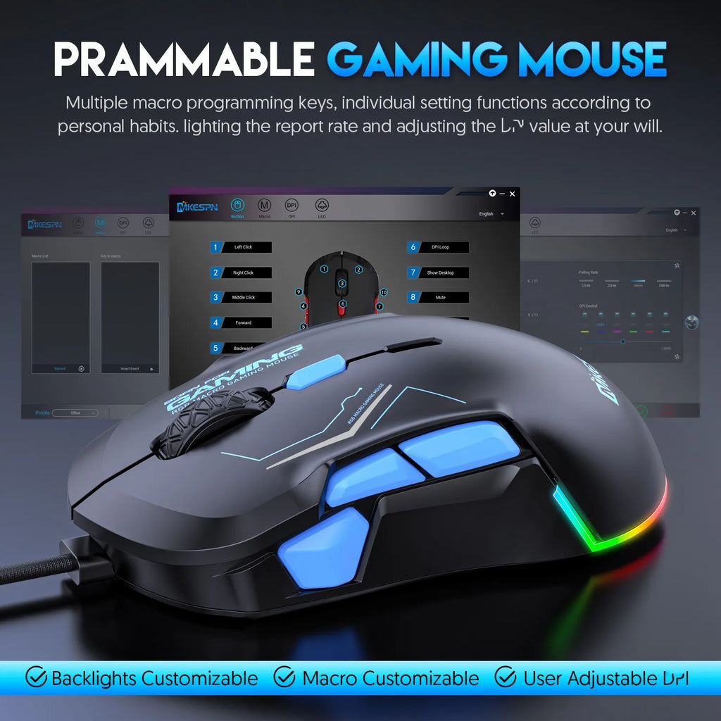 MKESPN X12 Programmable Buttons Mouse Left Right Hand Symmetrical 10-button RGB Macro Defines Gaming USB Wired 12800DPI Mouse