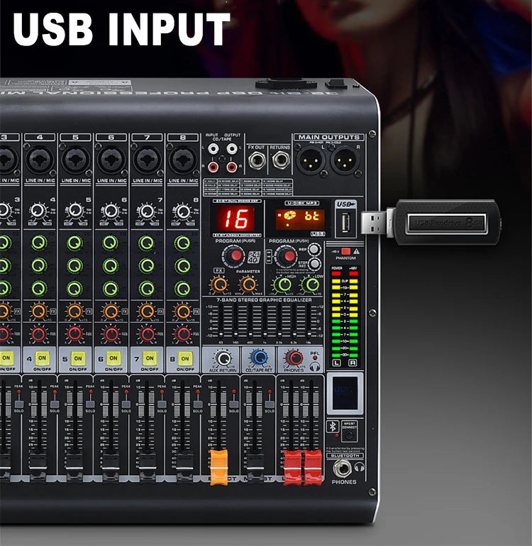 MC8 Professional 8 Channel Digital Sound Mixer Audio DJ Console with USB Interface for Stage Performance