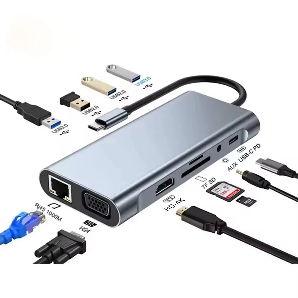 11 in 1 USB C HUB Type C Adapter to 4K  VGA RJ45 Lan Ethernet SD/TF Micro Card Hub 3.5MM AUX 11 Port Dock Station PC