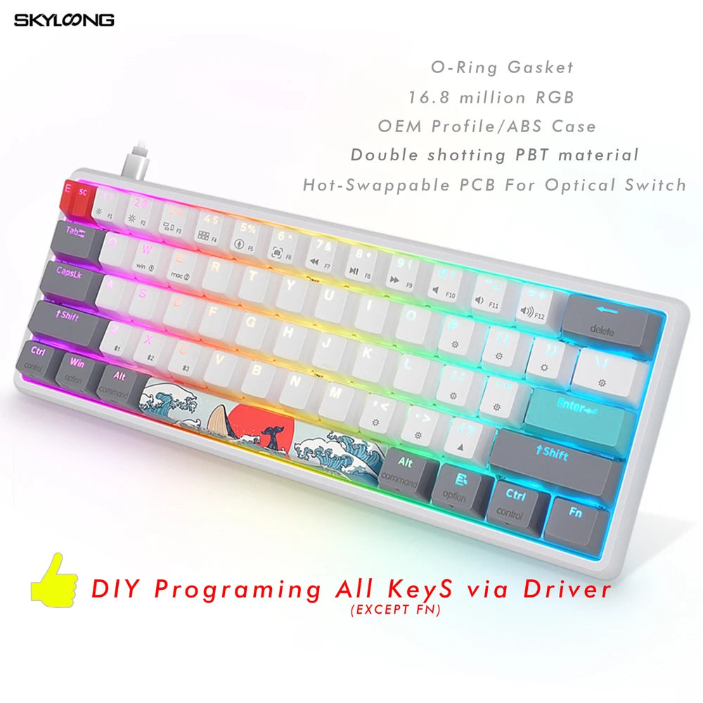 Skyloong 61 Keys Optical Wired Mechanical Keyboard Hot Swapping RGB Backlist for DIY Programing All Keys Function Via Driver