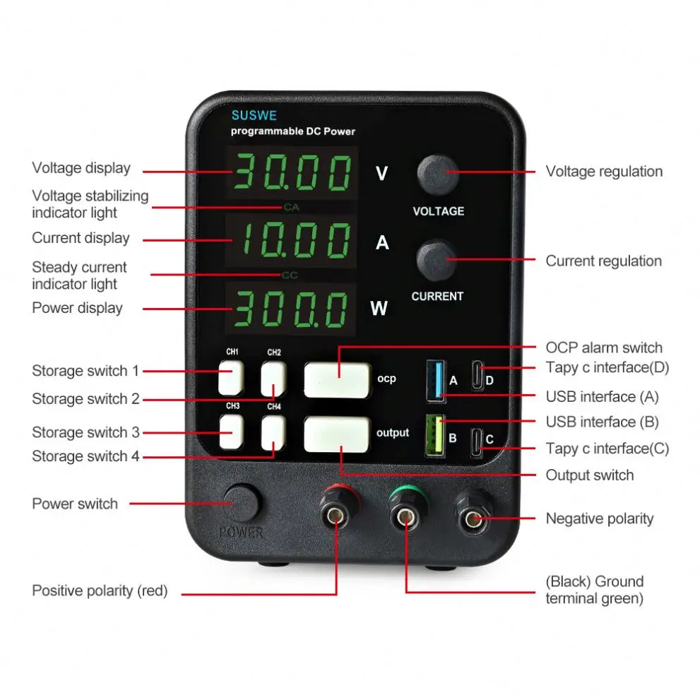 SUSWE SU6005 300W 60V 5A Black Laboratory Workbench Adjustable DC Power Supply with 4 Storage Functions