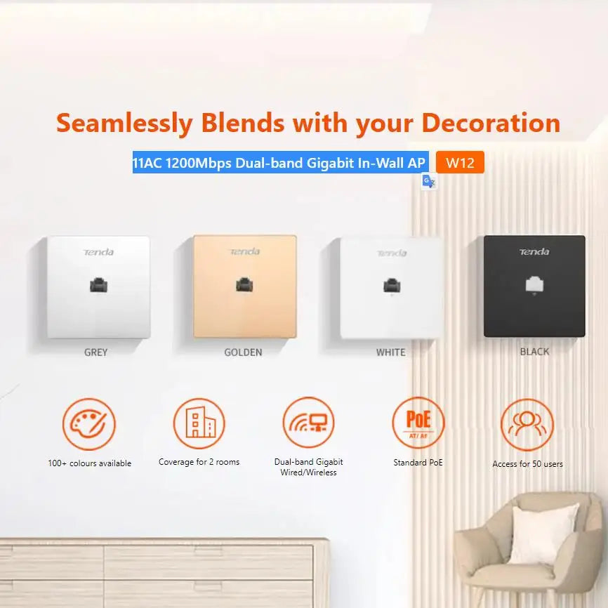 Tenda W12 300Mbps Dual Band Gigabit In-Wall WiFi AP 86mm IEEE 802.11n/g/b WEP Encryption 2x2 Antennas for Home Use