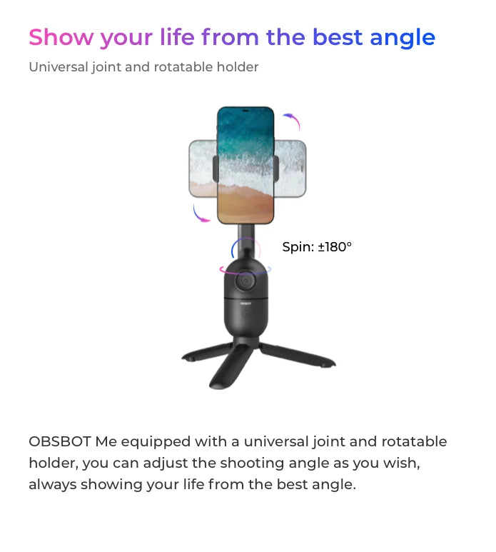 OBSBOT Me AI Powered Selfie Phone Holder Auto Tracking Quick Pick Smartphone Gimbal Webcam for Vlog Live Streaming Photo Video