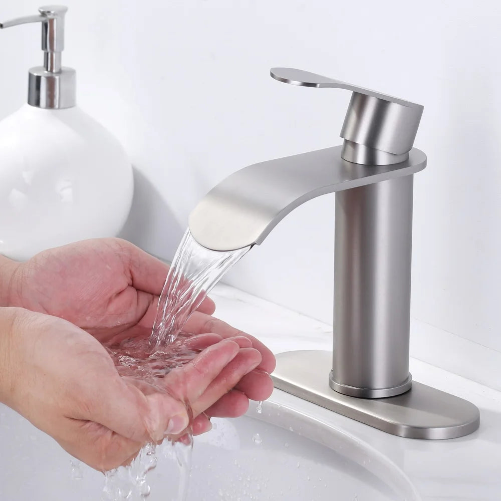 Waterfall Bathroom Faucet Single Hole Single Handle Faucet with Stainless Steel Metal Brushed Nickel Modern Water Basin Faucet