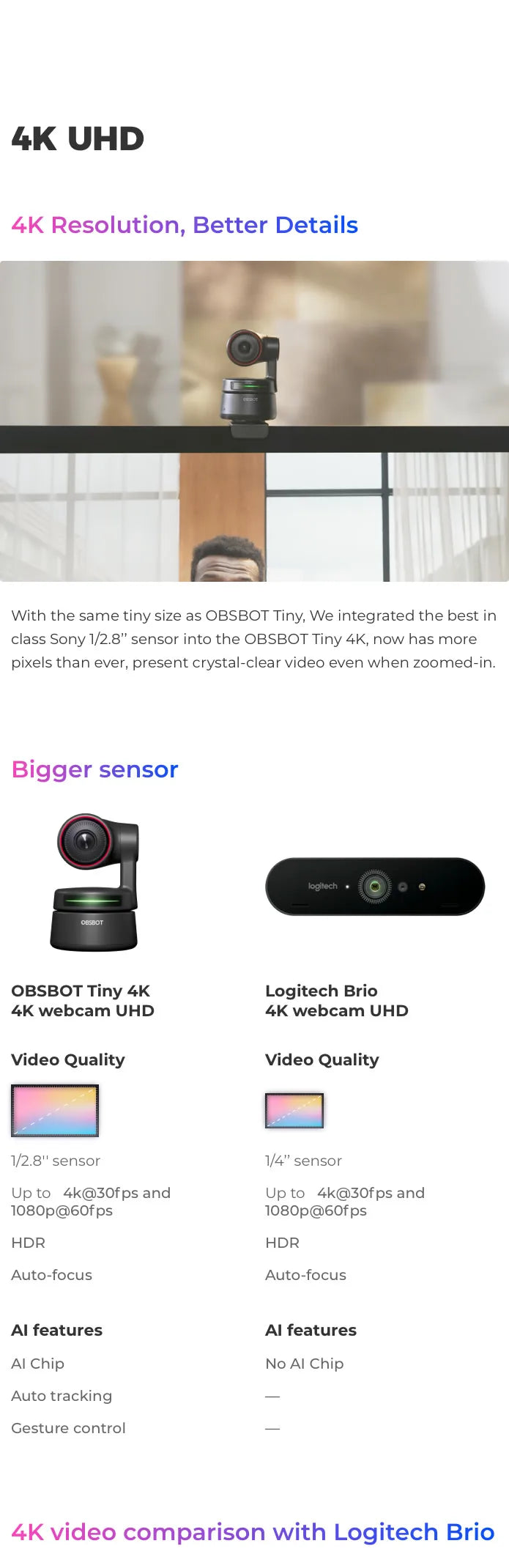 OBSBOT Tiny 4K AI-Tracking Auto-Framing Gesture Control Dual Omni-Directional Mic Recording PTZ Streaming Webcam