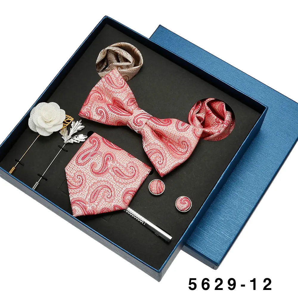 Men's Tie Set Gift Box Bow Tie Pocket Square Brooches Sets Custom Cufflinks  Clip Pin 8pcs Suit Silk Polyester Necktie for Men