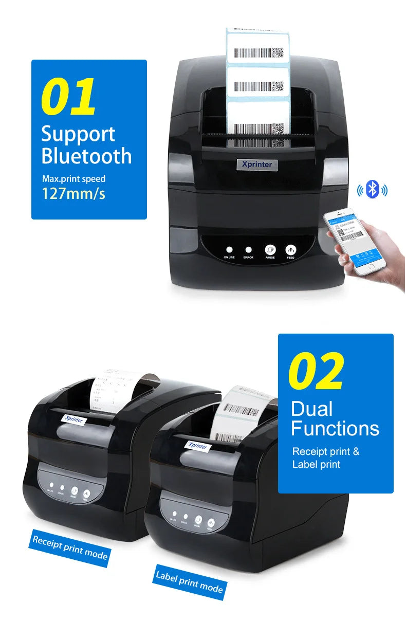 Xprinter 3inch Thermal Label & Receipt Printer Xp365B with Two-in-one Functionality 203 Dpi 127mm/s in Stock