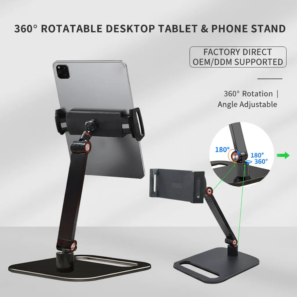 360° Rotating Aluminum Alloy Tablet Stand Stable Adjustable Desktop Holder for iPad Pro 12.9, Foldable Stand for Office Home