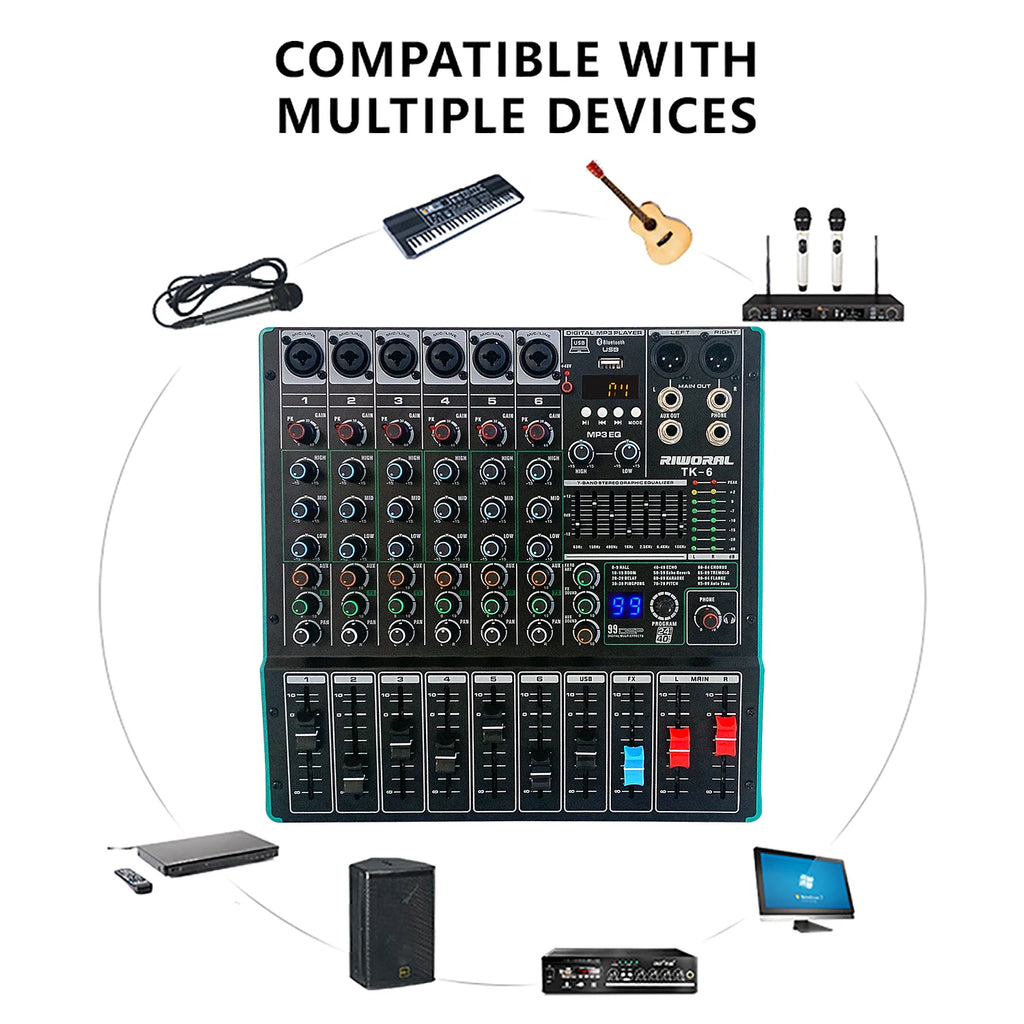 TK6 Professional Audio Digital Mixer Mixing Console DJ Sound USB Recorder Music Record Mixer