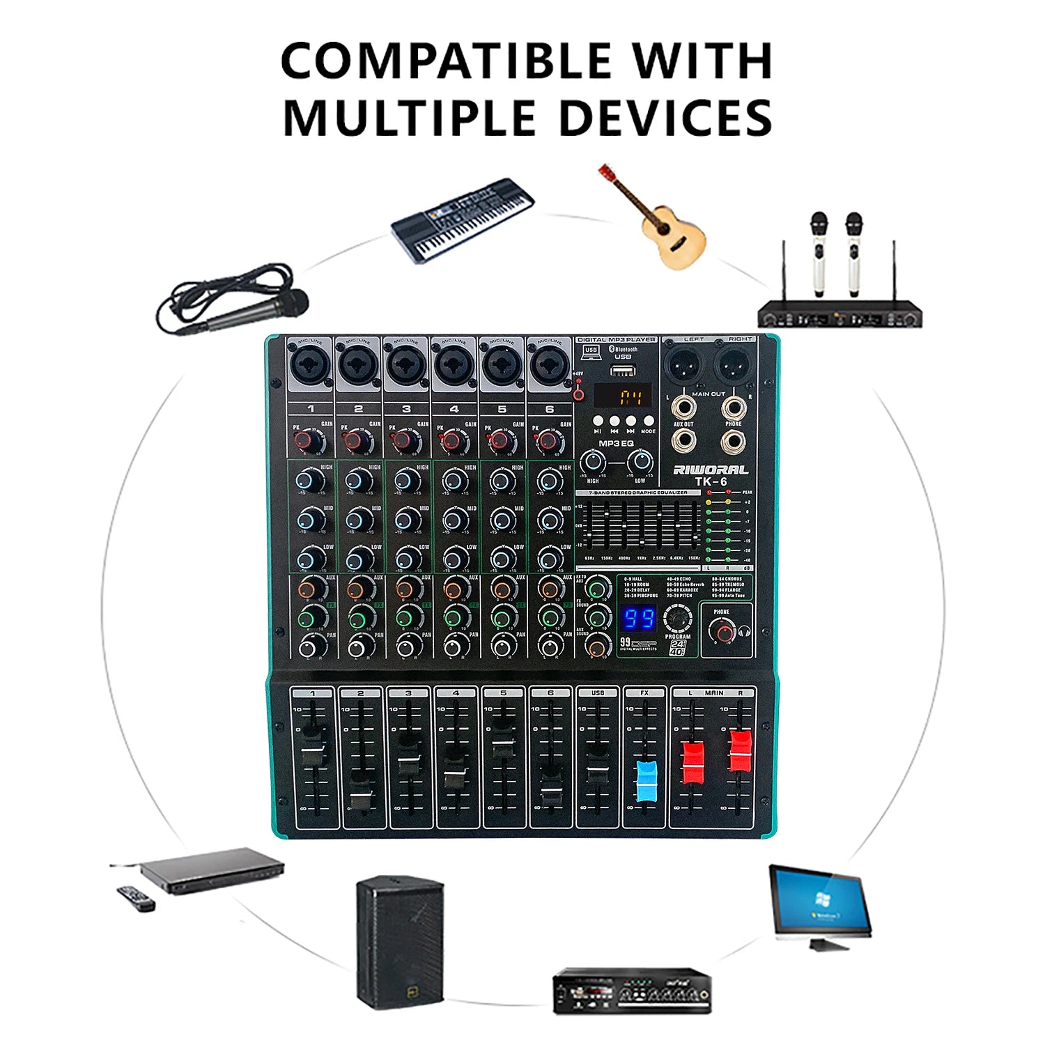 TK6 Professional Audio Digital Mixer Mixing Console DJ Sound USB Recorder Music Record Mixer