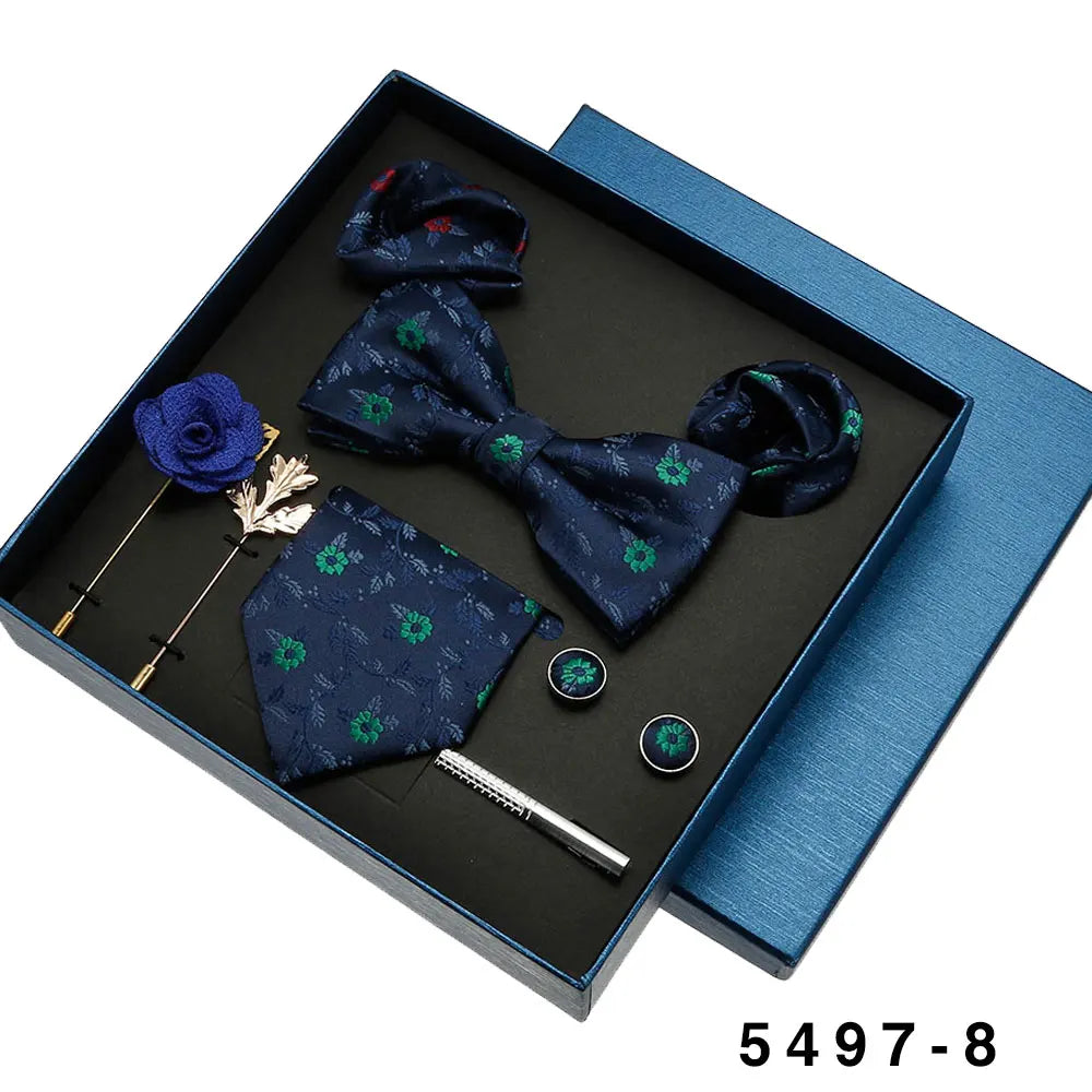 Men's Tie Set Gift Box Bow Tie Pocket Square Brooches Sets Custom Cufflinks  Clip Pin 8pcs Suit Silk Polyester Necktie for Men