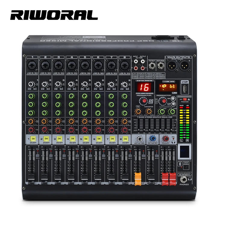 MC8 Professional 8 Channel Digital Sound Mixer Audio DJ Console with USB Interface for Stage Performance