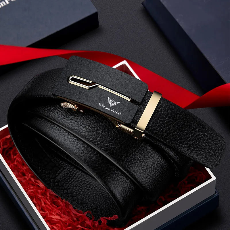 WilliamPolo Men's Designer Trendy Leather Belt with Automatic Alloy Buckle Customizable Cow Hide Strap from Top Supplier