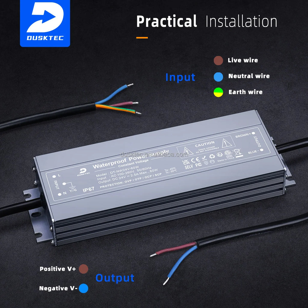 DUSKTEC 24V 12v Rainproof 120w 1 Amp Variable AC-DC Thin Video Under Cabinet Led Waterproof Switching Power Supply