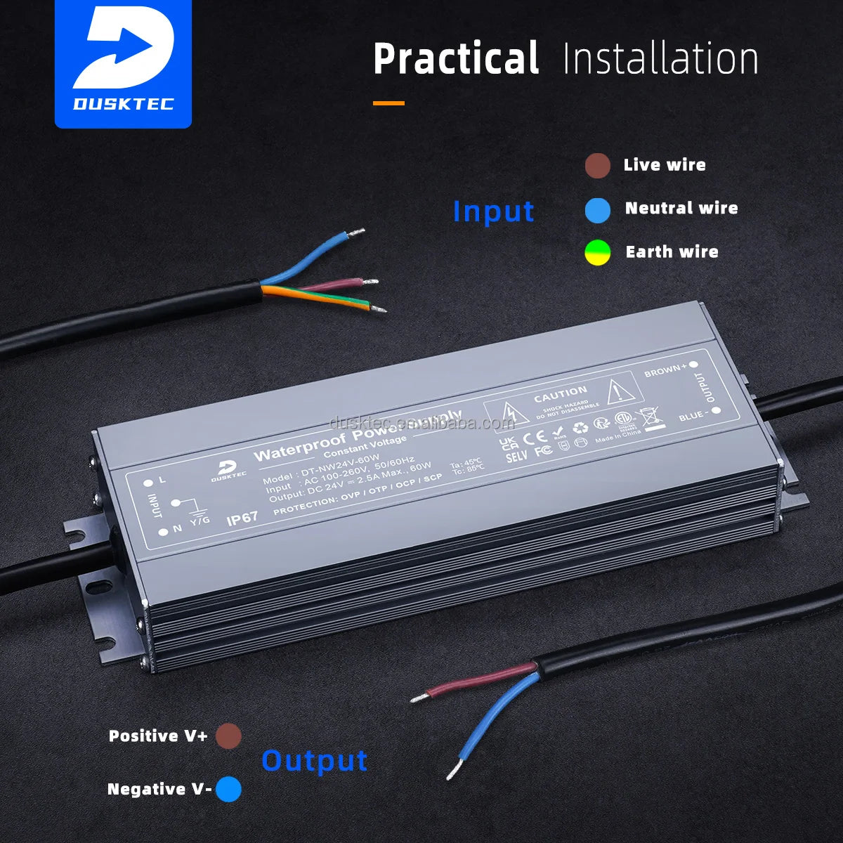 DUSKTEC 24V 12v Rainproof 120w 1 Amp Variable AC-DC Thin Video Under Cabinet Led Waterproof Switching Power Supply