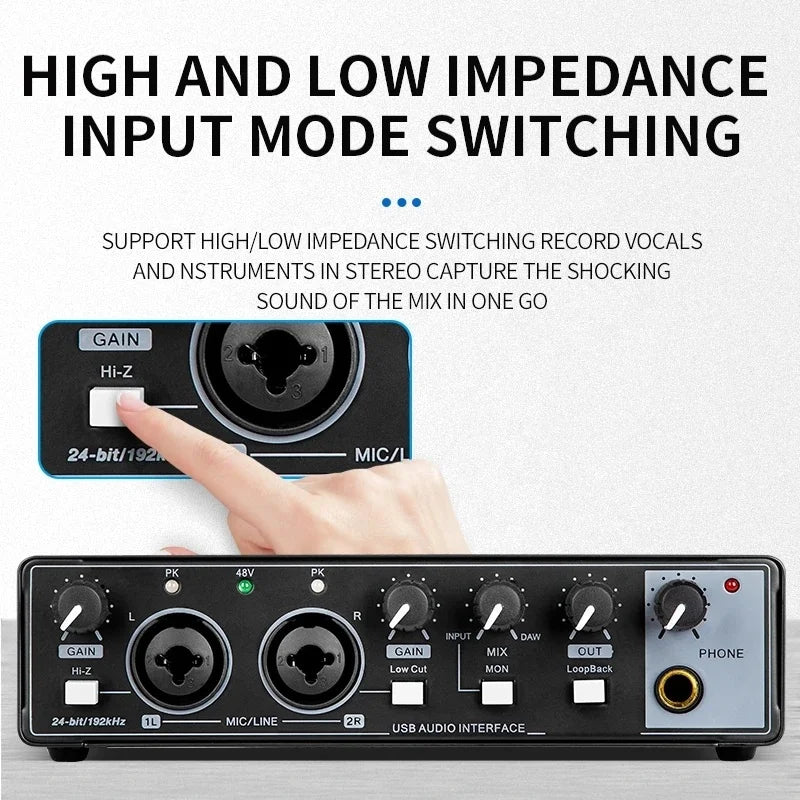 48V Phantom Power Studio Recording Audio Interface Microphone Sound Card Mixing Console for Electric Guitar Electric Sound Mixer