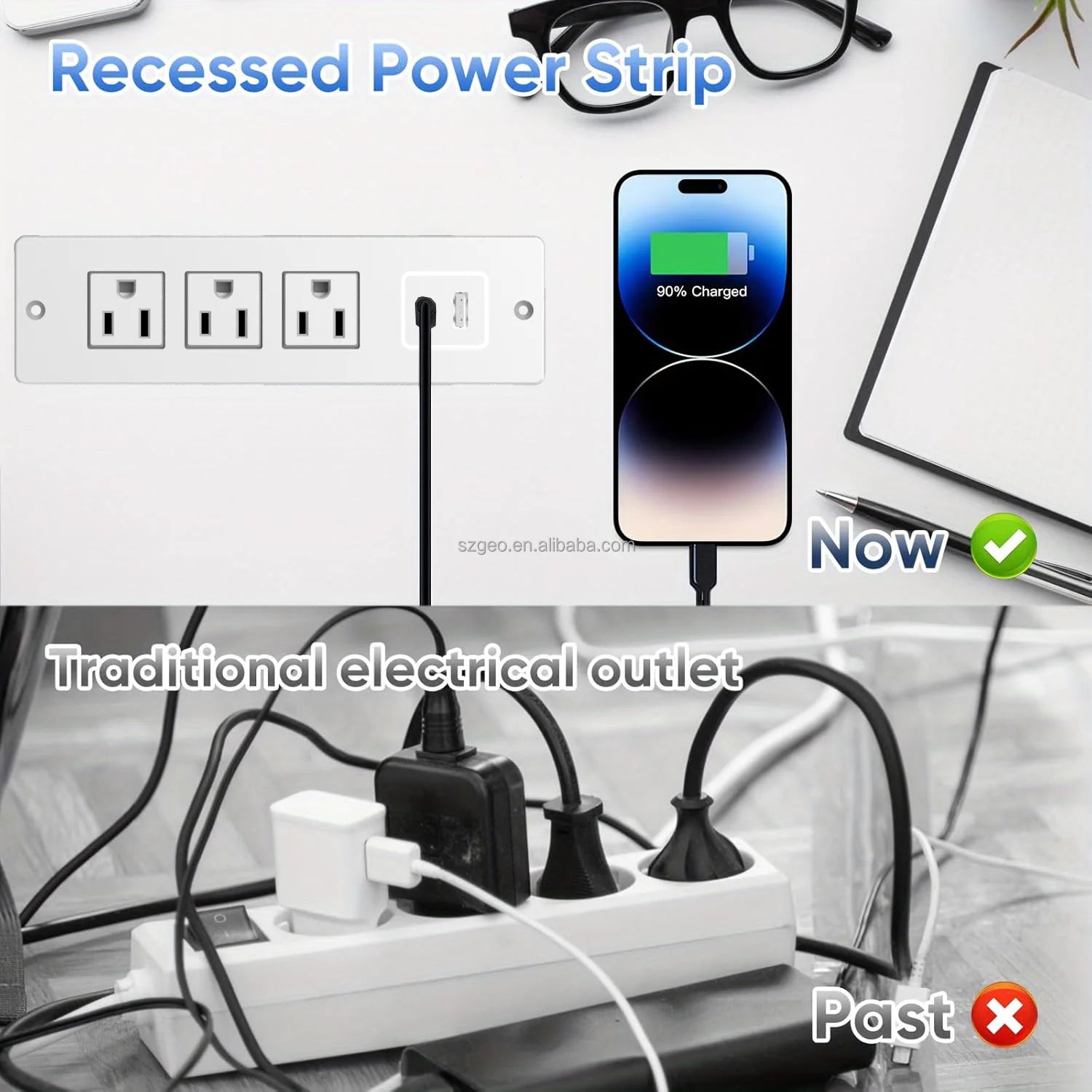 Recessed Power Strip Charging Station with USB Plugs Protector Outlet Extender with Extension Cord for Home Office Power Strip