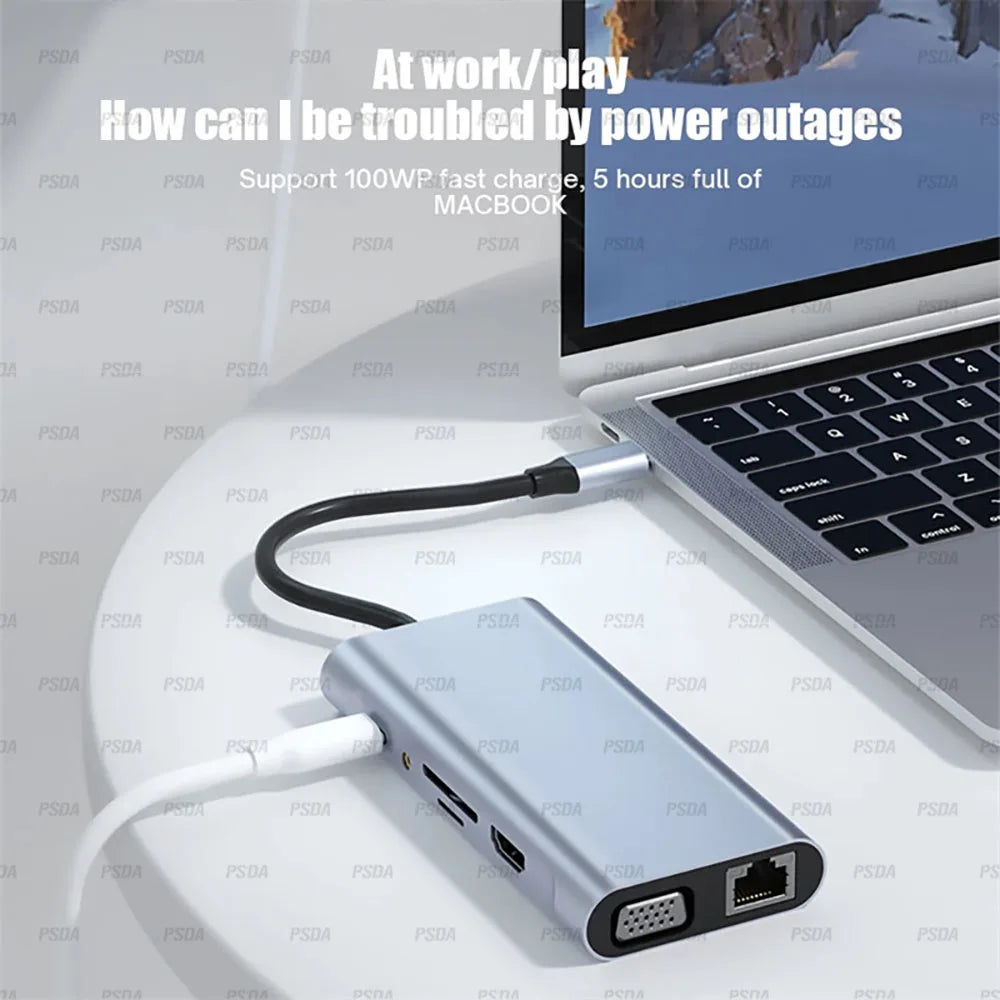 11 in 1 USB C HUB Type C Adapter to 4K  VGA RJ45 Lan Ethernet SD/TF Micro Card Hub 3.5MM AUX 11 Port Dock Station PC