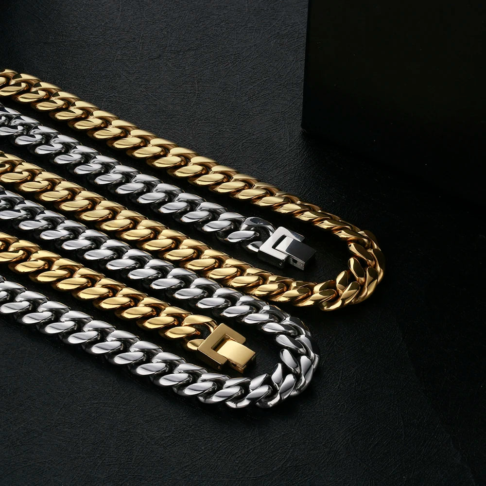 12mm 10mm 8mm Thick Bracelet Miami Cuban Link Chain Women Jewelry 18K Real Gold Plated Stainless Steel Men Cuban Bracelet Homme