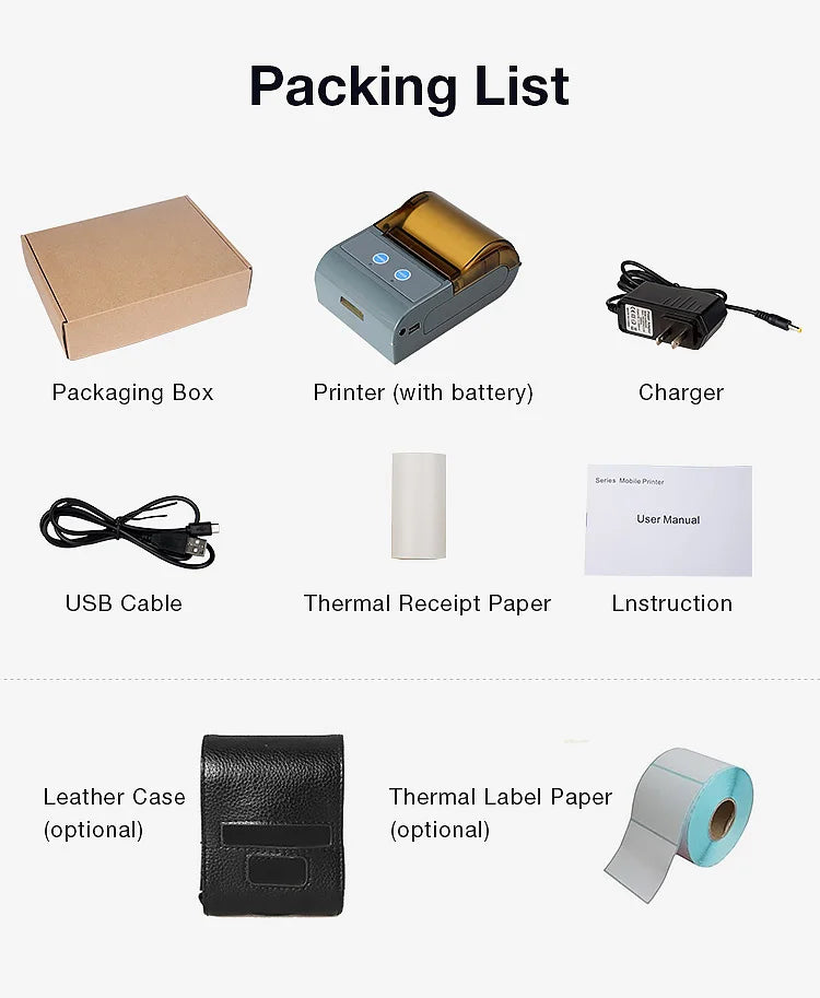 QS-5803 RS232 USB & Bluetooth 4.0 Wireless Mini Portable 58mm Thermal Printer Receipt Label Printer Stock Available