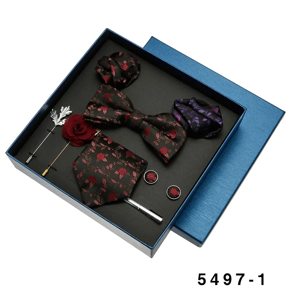 Men's Tie Set Gift Box Bow Tie Pocket Square Brooches Sets Custom Cufflinks  Clip Pin 8pcs Suit Silk Polyester Necktie for Men
