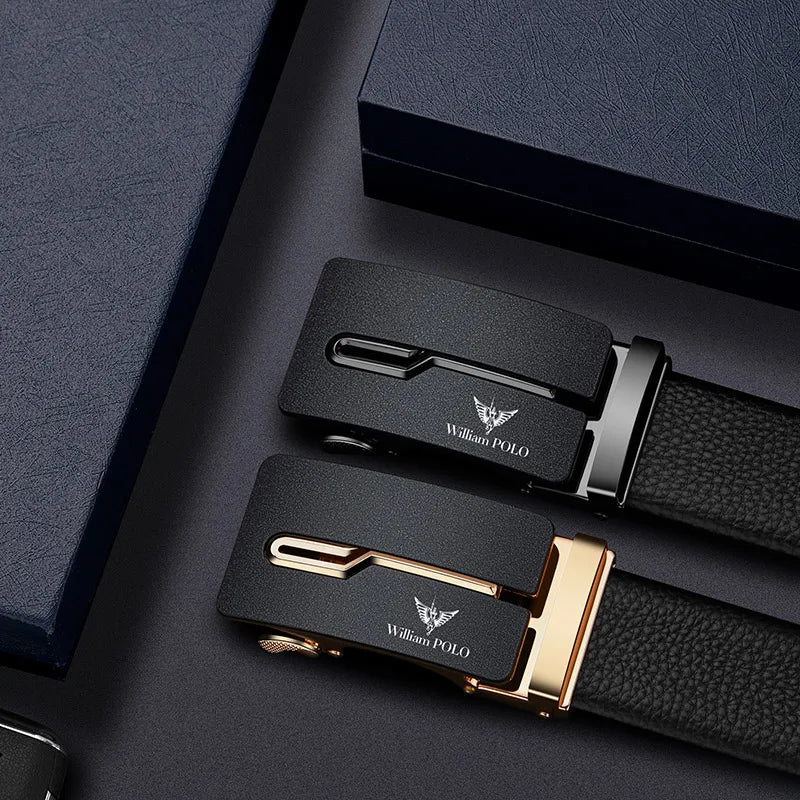 WilliamPolo Men's Designer Trendy Leather Belt with Automatic Alloy Buckle Customizable Cow Hide Strap from Top Supplier