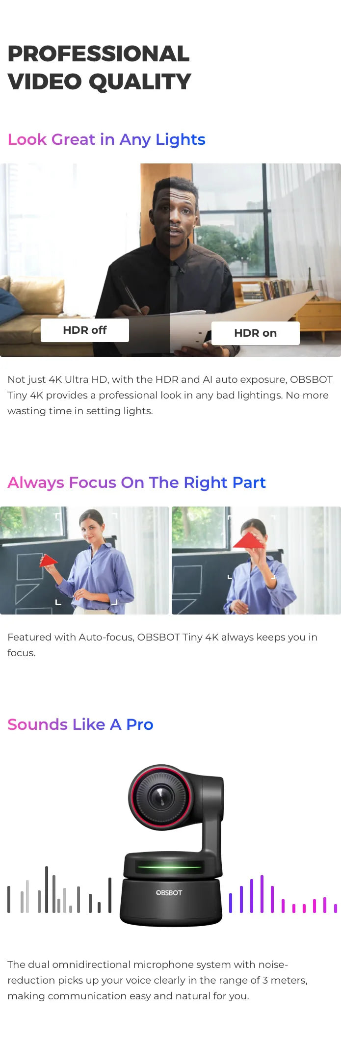 OBSBOT Tiny 4K AI-Tracking Auto-Framing Gesture Control Dual Omni-Directional Mic Recording PTZ Streaming Webcam