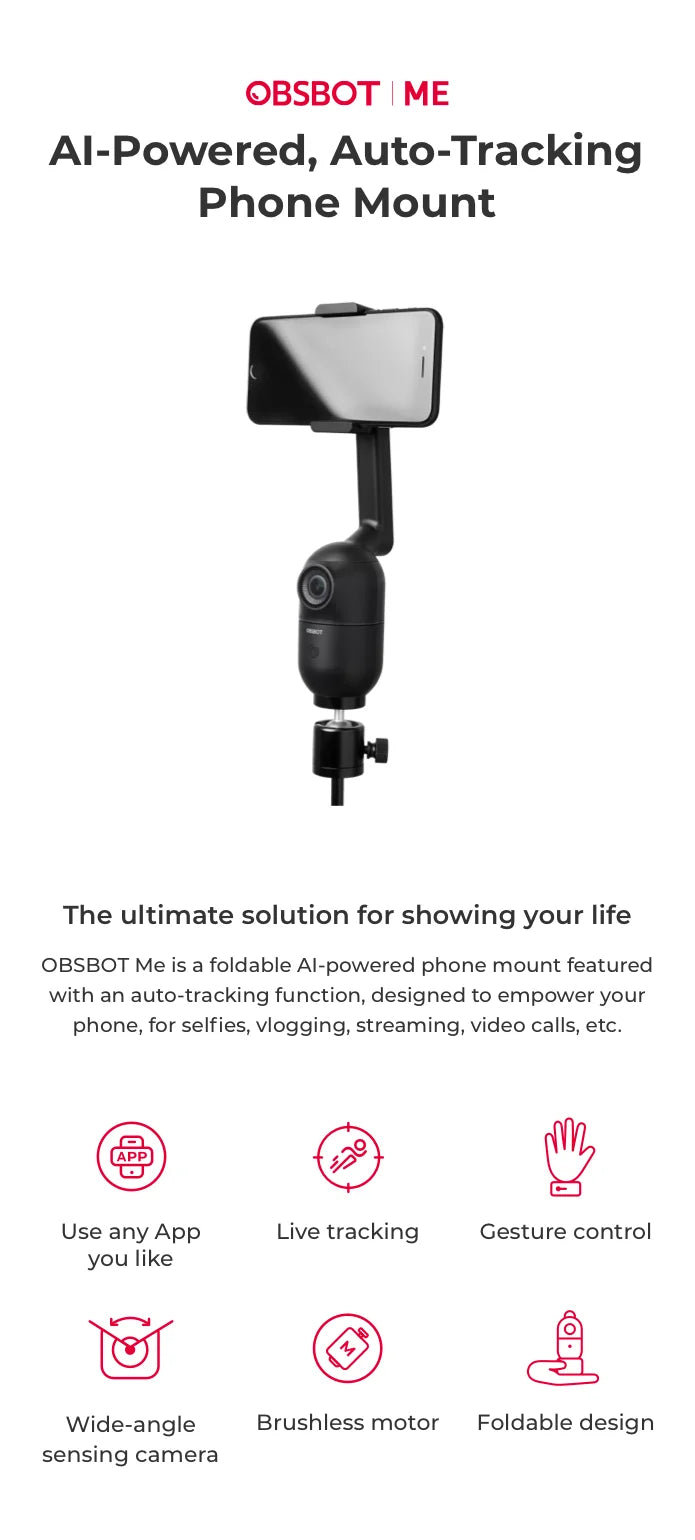 OBSBOT Me AI Powered Selfie Phone Holder Auto Tracking Quick Pick Smartphone Gimbal Webcam for Vlog Live Streaming Photo Video