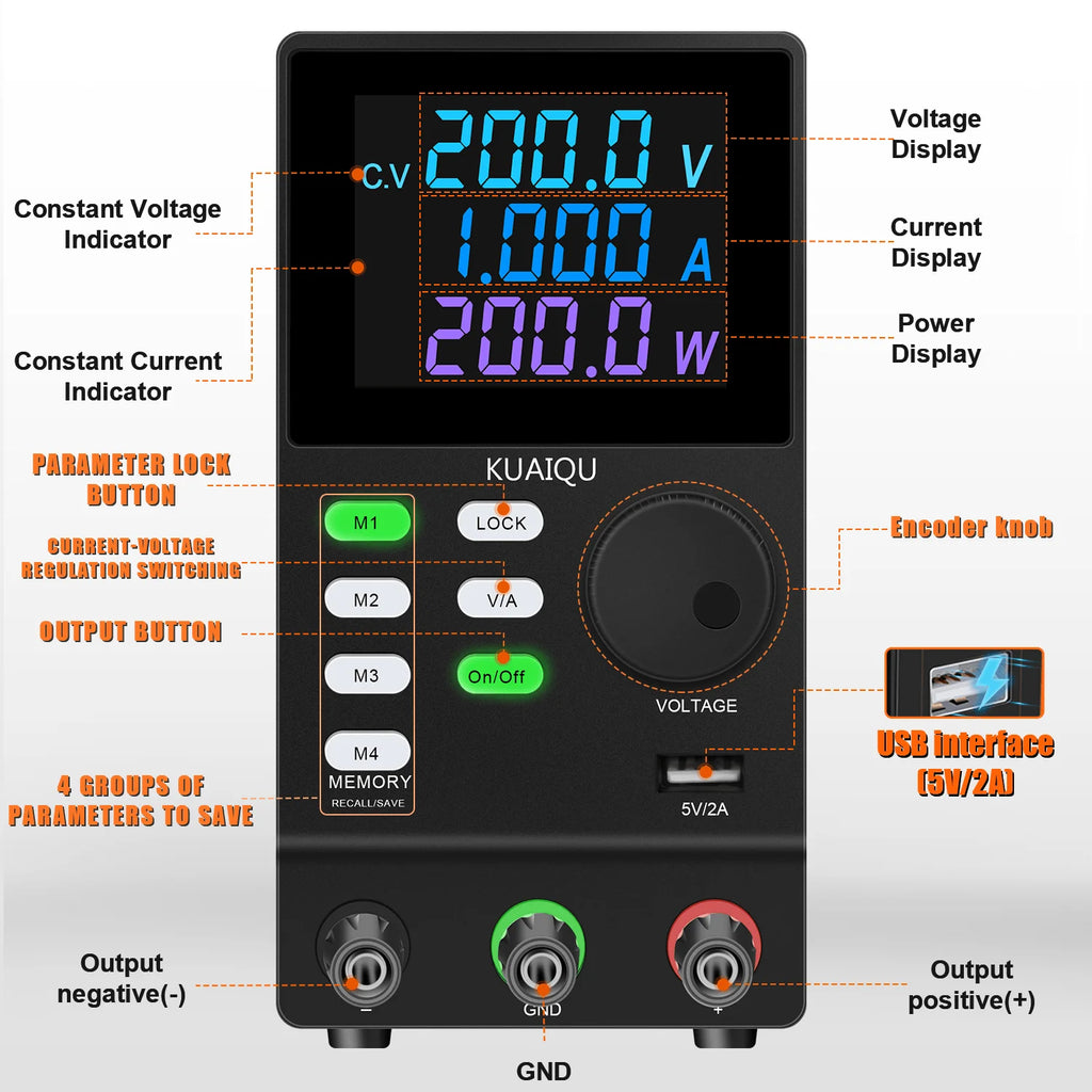 KUAIQUA SPPS2001D 200W 200V 1A Programmable With RS232 Interface Adjustable Switching Power Supply Lab Voltage Regulator