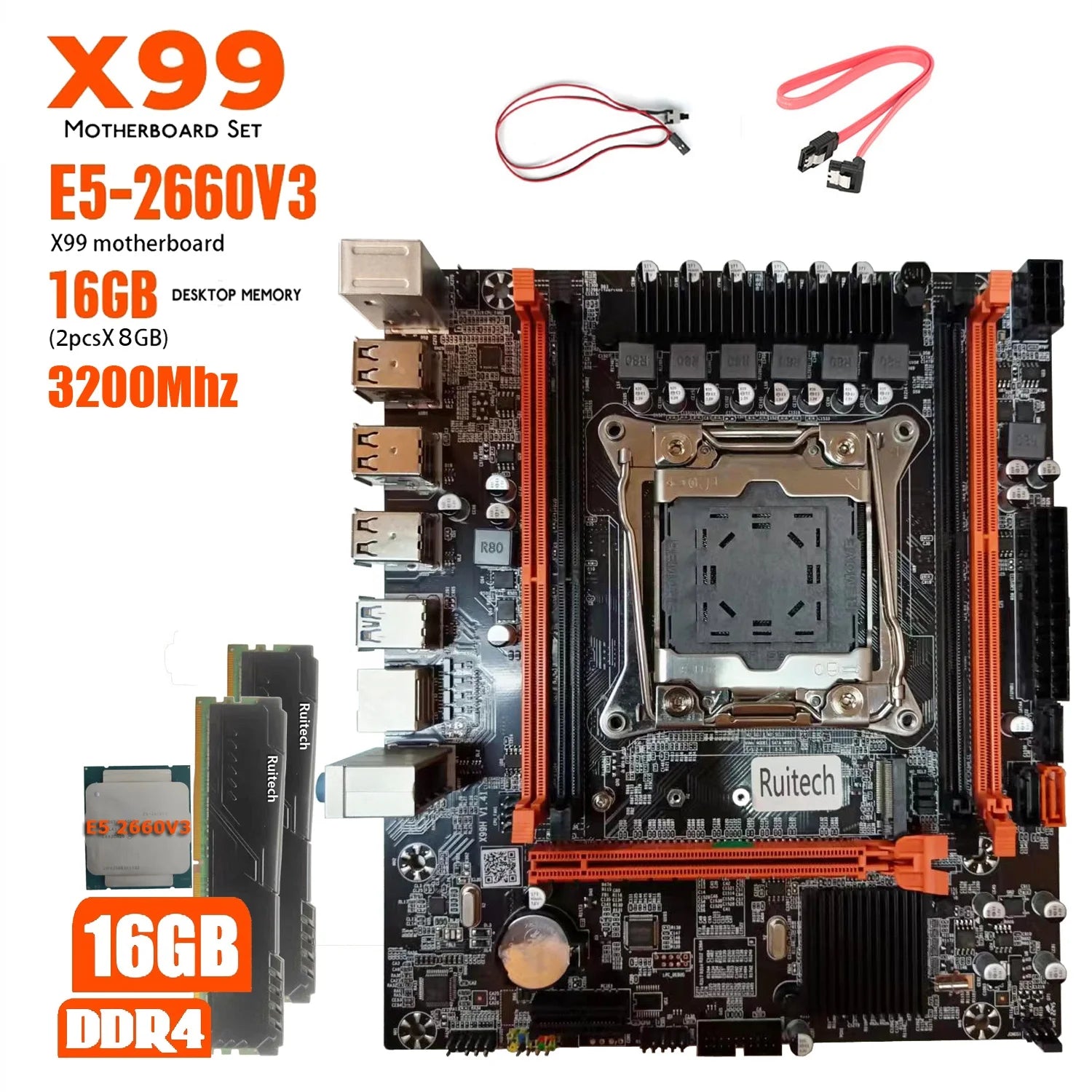 QIYIDA ED4 X99 LGA2011-3 Motherboard Set Kit With Intel Xeon E5 2660V3 CPU 16GB(2*8G) 3200MHZ DDR4 Desktop Memory M-ATX NVME M.2