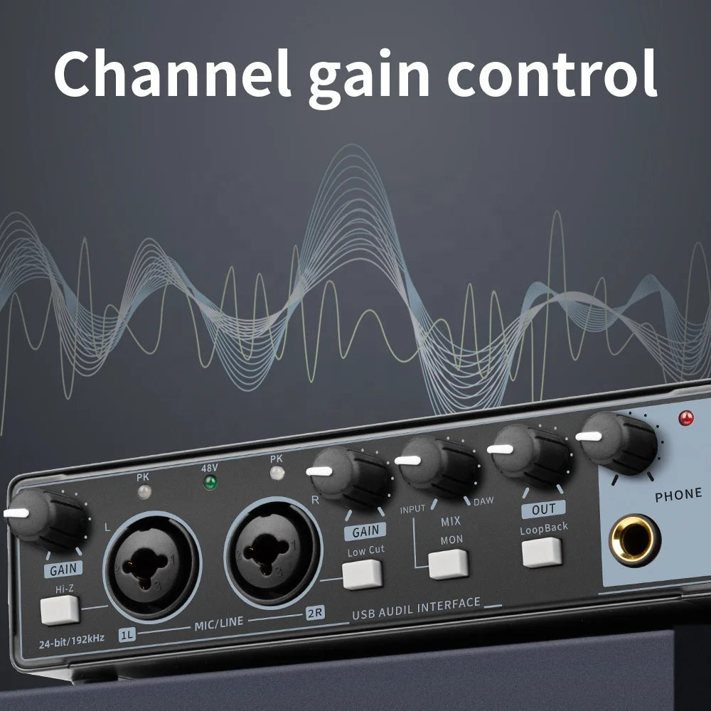 48V Phantom Power Studio Recording Audio Interface Microphone Sound Card Mixing Console for Electric Guitar Electric Sound Mixer