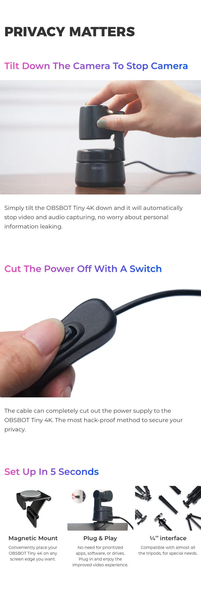 OBSBOT Tiny 4K AI-Tracking Auto-Framing Gesture Control Dual Omni-Directional Mic Recording PTZ Streaming Webcam