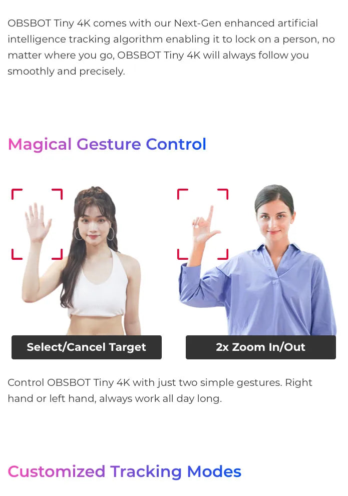 OBSBOT Tiny 4K AI-Tracking Auto-Framing Gesture Control Dual Omni-Directional Mic Recording PTZ Streaming Webcam