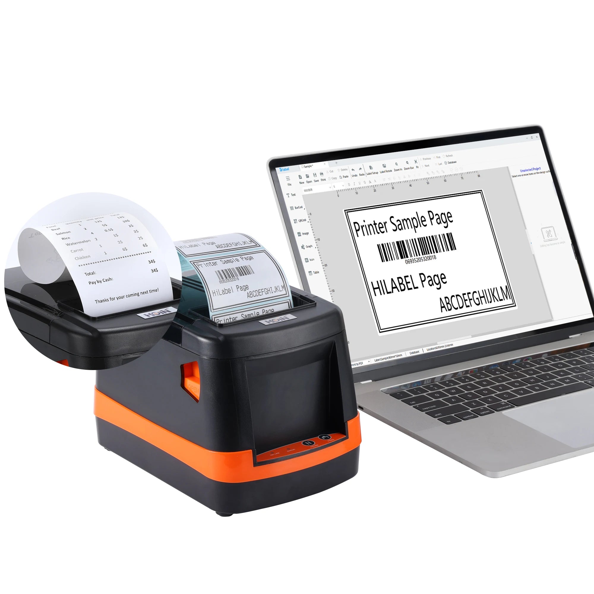 Hoin New 2-in-1 HL-80B Thermal Label Printer Receipt Printer with USB+BT