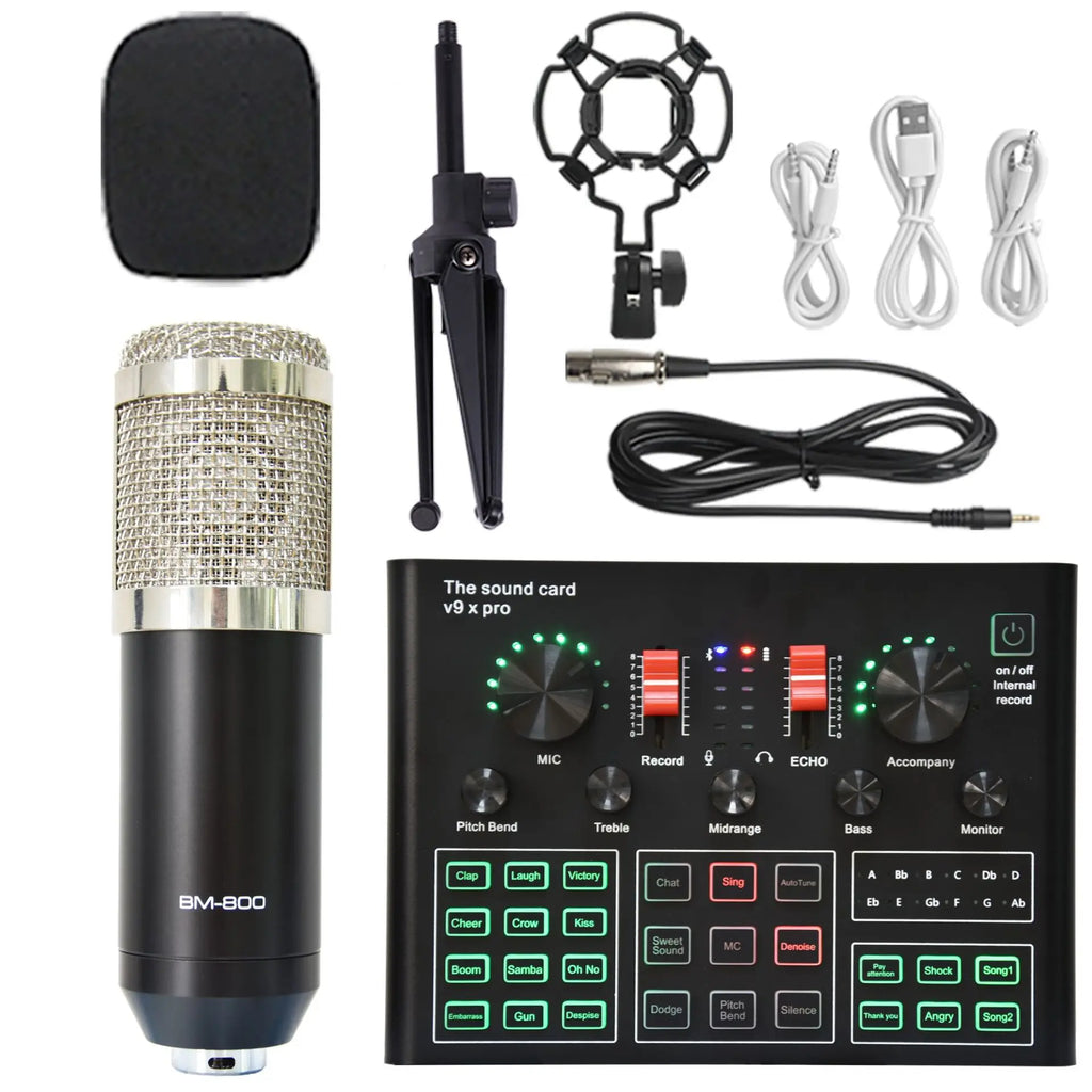Black Color Box Usb Sound Card 12 Inputs Interface BM800 Microphone V9xpro Sound Card Set Noise Cancelling Stock Metal & Plastic