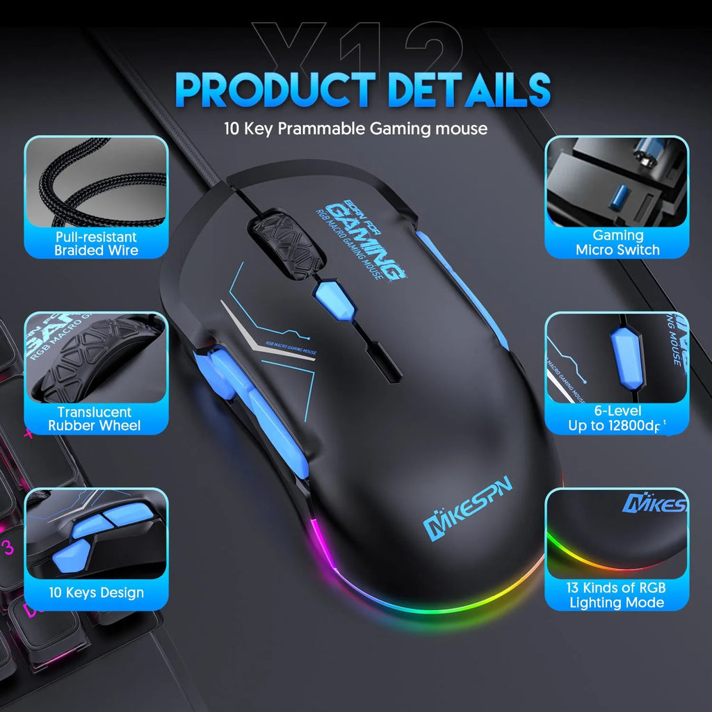 MKESPN X12 Programmable Buttons Mouse Left Right Hand Symmetrical 10-button RGB Macro Defines Gaming USB Wired 12800DPI Mouse