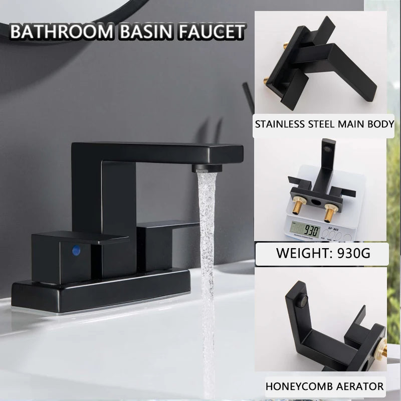 Matte Black Bathroom Faucet Modern 3 Hole Basin Mixer Faucet